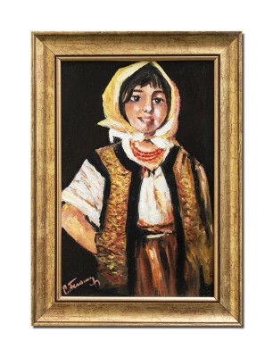 Tablou pictat manual inramat, Tarancuta cu basma galbena - 35x25cm ulei panza, reproducere Nicolae Grigorescu foto