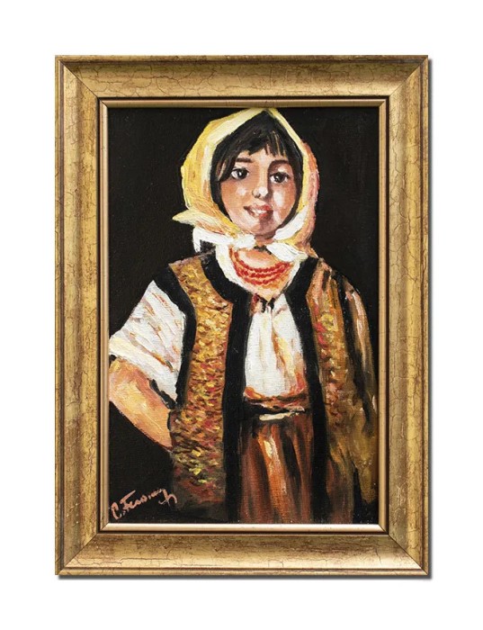 Tablou pictat manual inramat, Tarancuta cu basma galbena - 35x25cm ulei panza, reproducere Nicolae Grigorescu