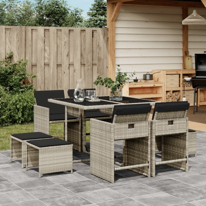 vidaXL Set mobilier grădină cu perne, 9 piese, gri deschis, poliratan 3277906