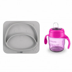 Set de hranire cu 2 piese, Farfurie compartimentata din silicon fara BPA, FreeON si canuta Philips Avent cu tetina de formare, 6 luni+, 200 ml, Teddy