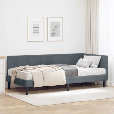 vidaXL Cadru de pat colțar cu saltea Gri &amp;icirc;nchis 90 x 200 cm Catifea 3393899 foto