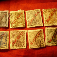 Serie mica Portugalia Rege Manuel II 1910 supratipar Republica, 8 val.stampilate
