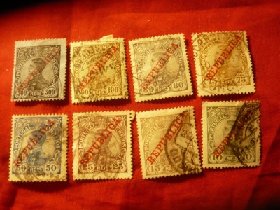 Serie mica Portugalia Rege Manuel II 1910 supratipar Republica, 8 val.stampilate foto