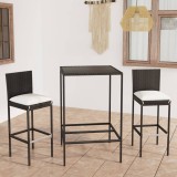 Set mobilier bar de grădină cu perne, 3 piese, negru, poliratan
