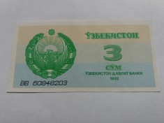 UZBEKISTAN 3 SUM / SOM 1992 UNC foto