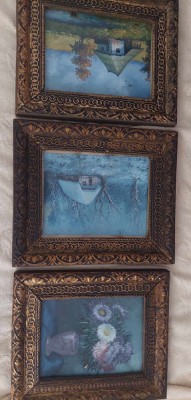 Lot 3 rame tablou vechi superbe,lot tablouri cu protectie geam si sigilate spate nu cunosc daca sunt pictura pe carton panza sau litografii-34 cm-28,5 foto