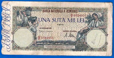 (52) BANCNOTA ROMANIA - 100.000 LEI 1946 (28 MAI 1946), FILIGRAN ORIZONTAL foto