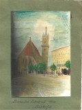 A3991N Biserica luterană din Bistrița, fotografie colorizată manual cu acuarele, perioada interbelică