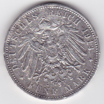 Germania 5 mark marci Prussia 1913 Wilhelm II foto