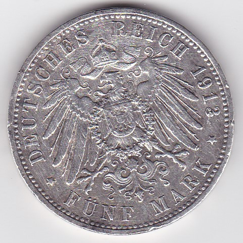 Germania 5 mark marci Prussia 1913 Wilhelm II