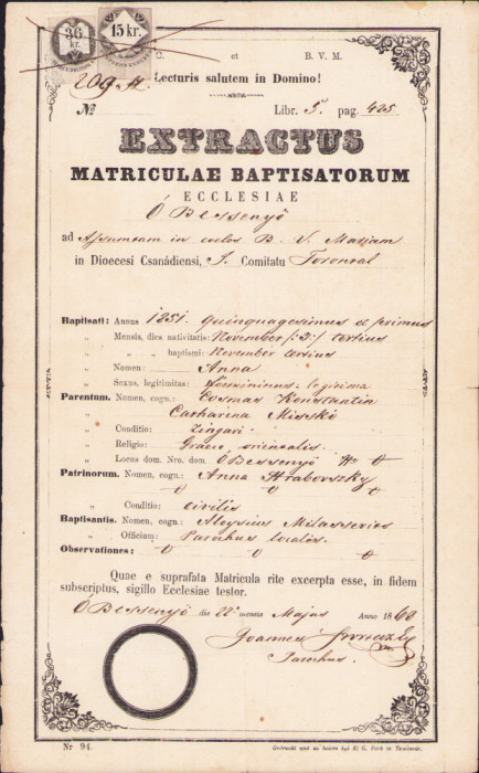 HST A895 Extras registru botezați 1868 Dudeștii Vechi nașă Ana Grabovszky