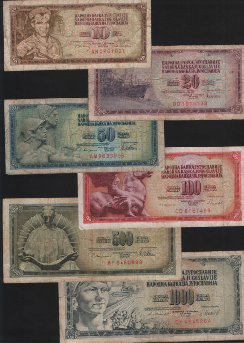 Set Iugoslavia 10 + 20 + 50 +100 + 500 + 1000 dinari dinara VG-F-VF pret pe set