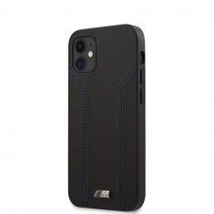 Husa BMW pentru iPhone 12 Mini 5.4&amp;quot;, M Blue Lines Collection, Piele Eco, Negru foto