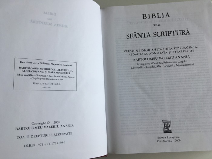 BIBLIA ANANIA CLUJ 2009 REPRODUCE EDITIA JUBILIARA 2001