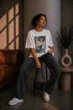 Tricou dama alb din bumbac cu imprimeu fetita pe moped
