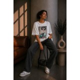 Tricou dama alb din bumbac cu imprimeu fetita pe moped