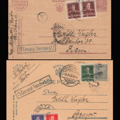 1944 Romania WW2 - 2 CP intreguri cu stampile de cenzura TIMISOARA 15 / 22