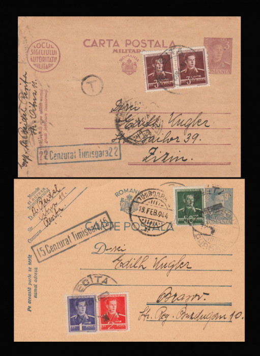 1944 Romania WW2 - 2 CP intreguri cu stampile de cenzura TIMISOARA 15 / 22