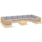 Set mobilier de gradina cu perne, 11 piese, gri, lemn masiv pin