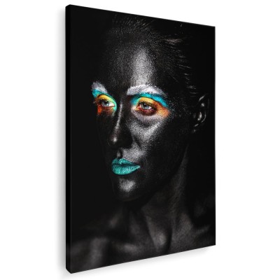 Tablou canvas model cu machiaj creativ in nuante negru, albastru, portocaliu 1049 Tablou canvas pe panza CU RAMA 80x120 cm foto
