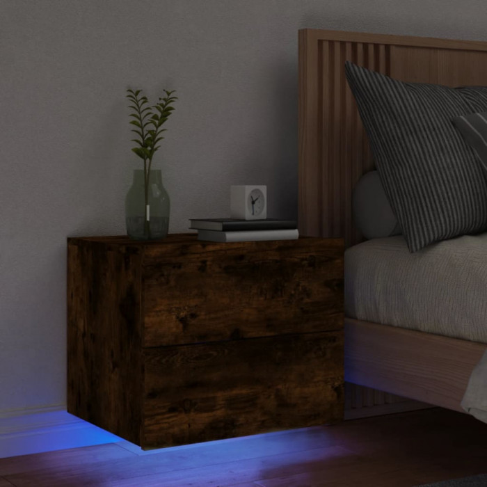 vidaXL Noptieră montată pe perete cu lumini LED, stejar fumuriu 836820