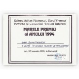 Marele premiu al anului 1994 oferit lui Geo Dumitrescu, diplomă semnată de Adrian Păunescu