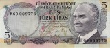 TURCIA █ bancnota █ 5 Lira █ L. 1970 (1971-1982) █ P-185 █ UNC █ necirculata