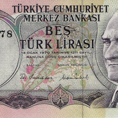 TURCIA █ bancnota █ 5 Lira █ L. 1970 (1971-1982) █ P-185 █ UNC █ necirculata