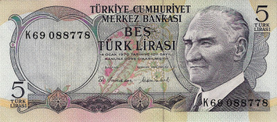 TURCIA █ bancnota █ 5 Lira █ L. 1970 (1971-1982) █ P-185 █ UNC █ necirculata foto