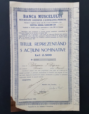 Actiune 1942 banca Muscelului , titlu 5 actiuni nominative , Campulung Muscel foto