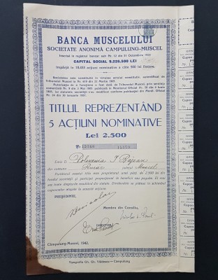 Actiune 1942 banca Muscelului , titlu 5 actiuni nominative , Campulung Muscel foto