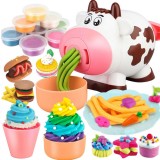 Set jucarii interactive 2 in 1, masina de paste si inghetata, design vaca, 8 culori de aluat non-toxic, accesorii incluse