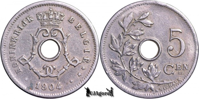 1904, 5 Centimes - Leopold al II-lea - Regatul Belgiei - inscripție olandeză