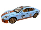 Macheta Porsche Panamera Gulf Racing 911 &ndash; Albastru/Portocaliu &ndash; 1:24 cu sunete lumini deschide usile si capotele