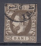 ROMANIA 1871/72 LP 33 CAROL I CU BARBA VALOAREA 25 BANI BRUN STAMPILAT