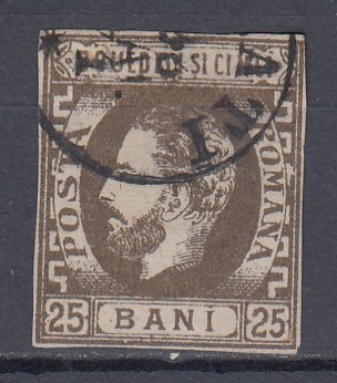 ROMANIA 1871/72 LP 33 CAROL I CU BARBA VALOAREA 25 BANI BRUN STAMPILAT