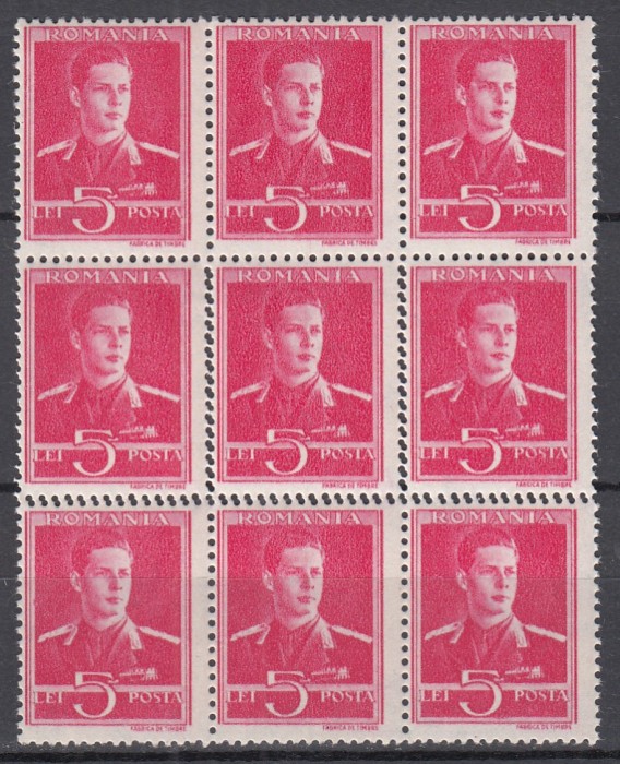 ROMANIA 1943/1945 LP 154 REGELE MIHAI I FILIGRAN MM EROARE DANTELATURA BLOC DE 12 TIMBRE DANTELATURA DIAMANT MNH