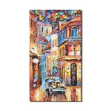 Tablou pictat manual, Peisaj citadin, masina de epoca, 90x50cm ulei pe panza in cutit efect 3D