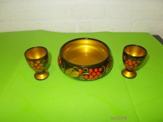 BOL si PAHARE artizanale KHOKHLOMA lucrate din LEMN pictat manual foto