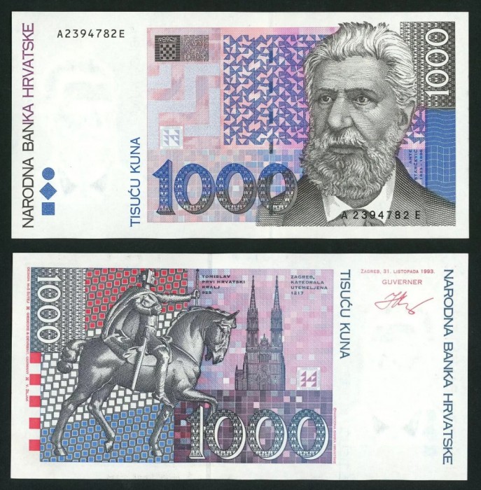 CROATIA █ bancnota █ 1000 Kuna █ 1993 █ P-35 █ UNC █ necirculate