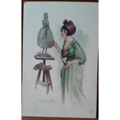 Carte postala, femeie artista, perioada interbelica