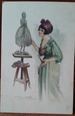Carte postala, femeie artista, perioada interbelica foto