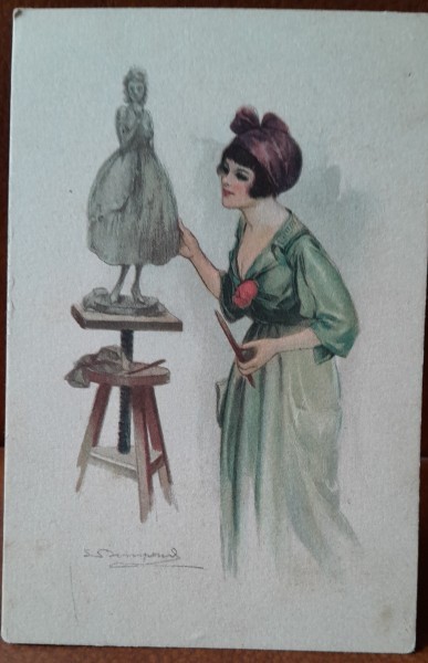 Carte postala, femeie artista, perioada interbelica