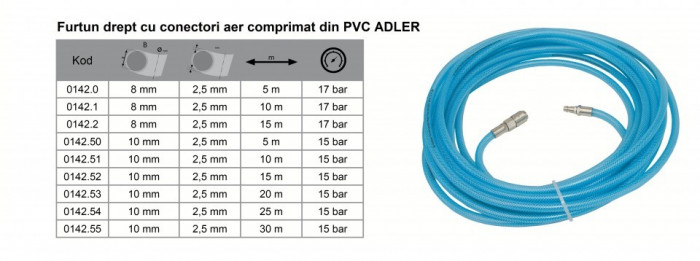 Furtun drept cu conectori aer comprimat din PVC 15x10mm 15m ADLER AD0142.52