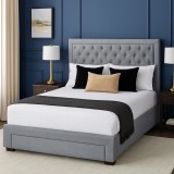 Pat matrimonial cu spatiu depozitare Austin, elemente lemn masiv, tapitat cu stofa, cu somiera,160x200 cm, gri