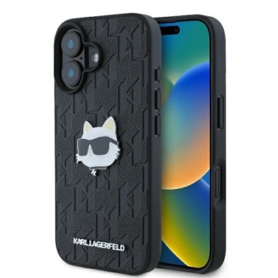 Husa iPhone 16 - Karl Lagerfeld Hardcase Leather Monogram (KLHCP16SPGKLCHPK) - Choupette Head Pin foto