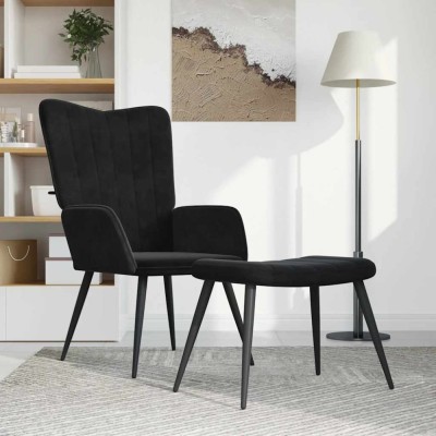 Scaun de relaxare cu taburet, negru, catifea foto