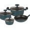 Set vase de gatit Michelino, 7 piese, aluminiu forjat, acoperire antiaderenta, turcoaz