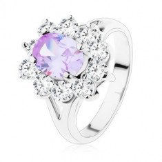Inel strălucitor cu braţe despicate, zirconii de culoare violet deschis şi culoare transparentă - Marime inel: 49