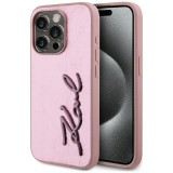 Husa iPhone 15 Pro Karl Lagerfeld Hardcase Leather, Metal Signature, roz, KLHCP15LPFMFBKMP
